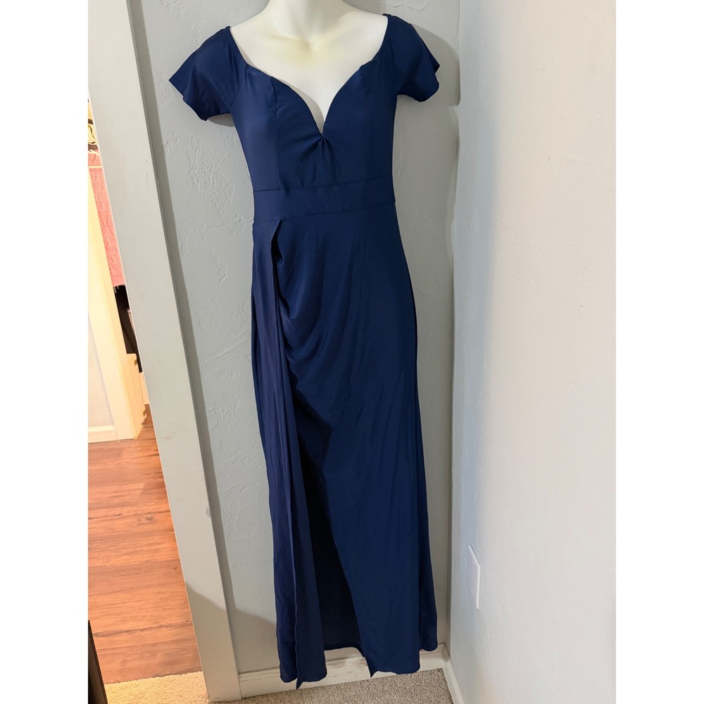 NEW‎ with tags SHEIN Belle Navy Blue V Neck Ruched Front Maxi Dress Slit Size M